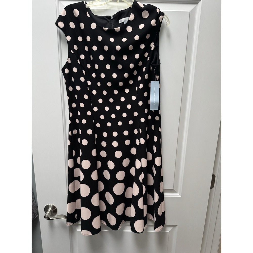 NWT London Times Dress 16 Oversized Polka Dots Pink Fit Flare Crepe Knee Length‎